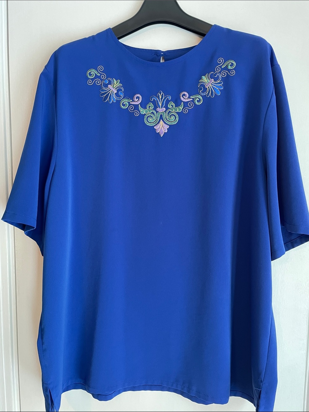 Vintage Bon Worth Royal Blue Embroidered Short-Sleeve Blouse XL